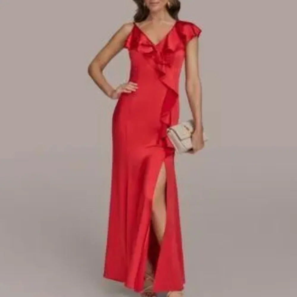 NWT DONNA KARAN Satin Sleeveless Asymmetric Ruffle Red V Neck Size 14 - Picture 1 of 11